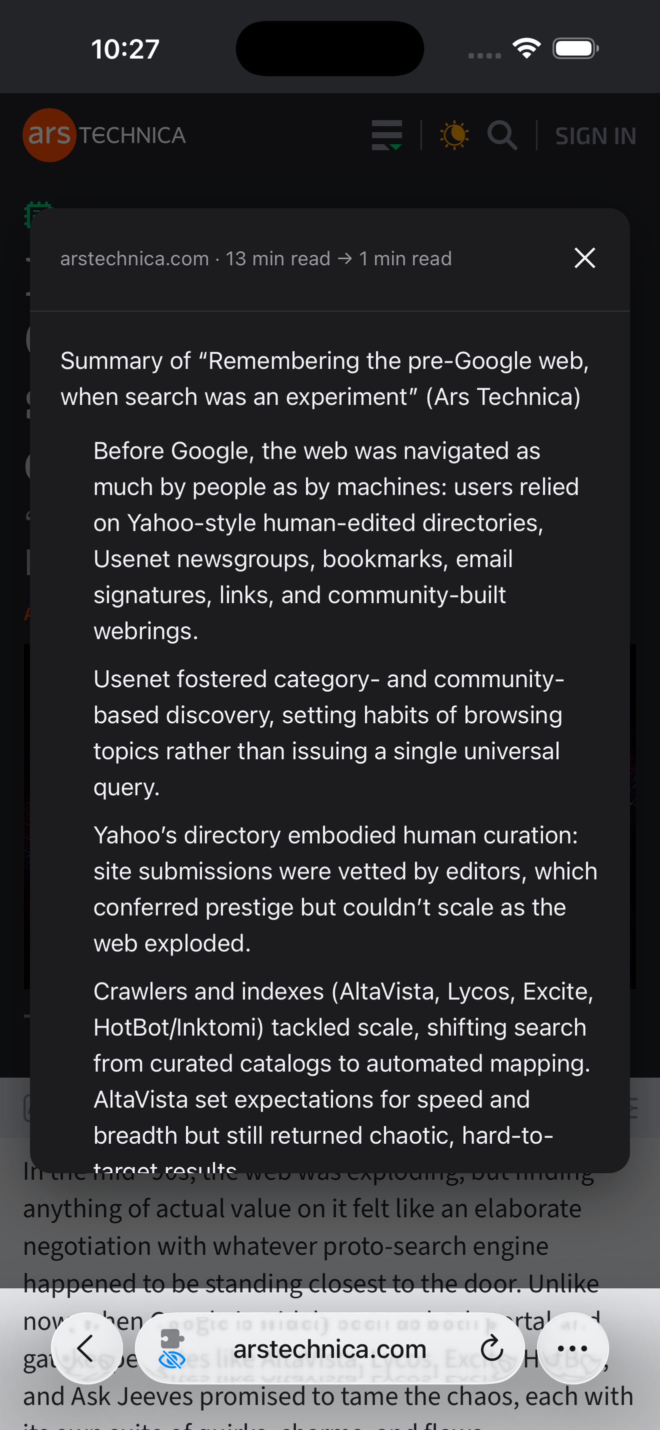 SumSpot's summary panel open over a long article in Safari on iPhone. Its header reads "arstechnica.com · 13 min read → 1 min read", above a summary of the article in short bullet points.